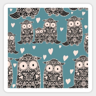 Folk Art Owls, Owlets and Hearts  Pattern on Teal Sticker